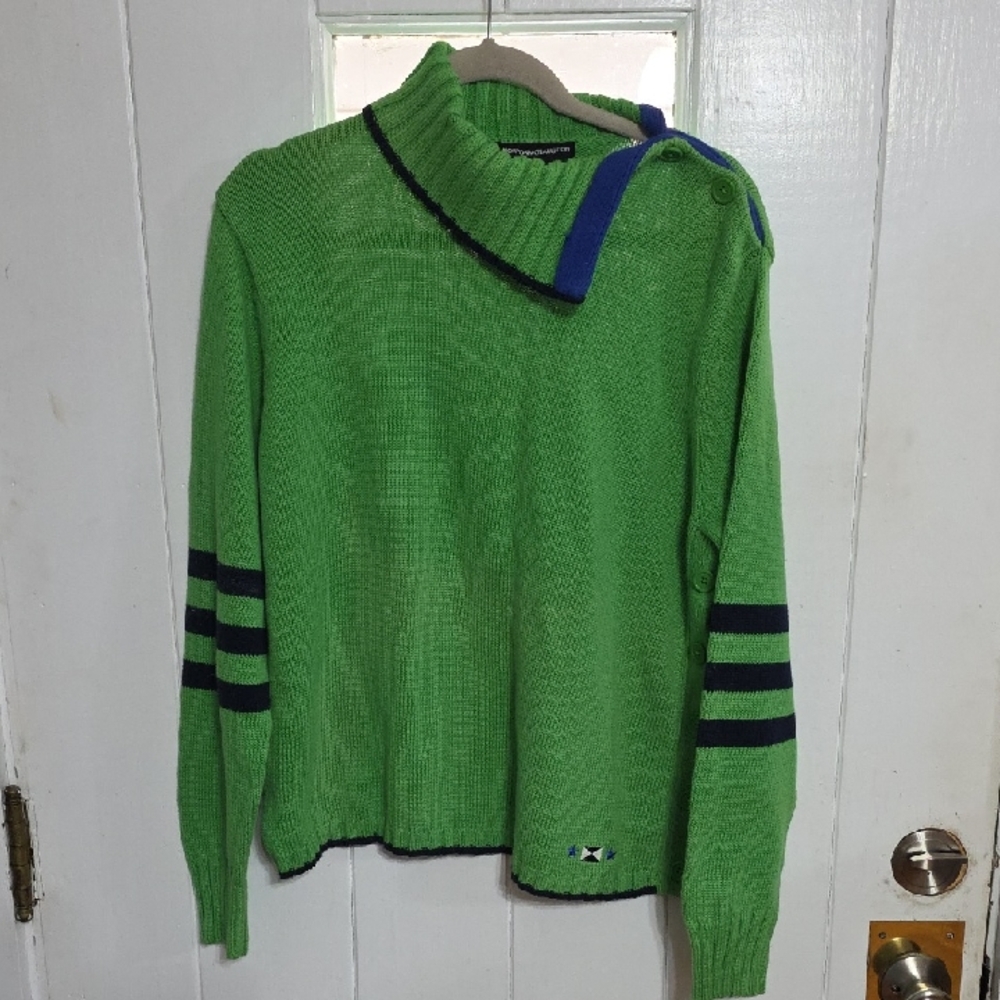Norton McNaughton‎ Women's Sweater Green Blue Angled Cowl Neck Buttons Sz L EUC